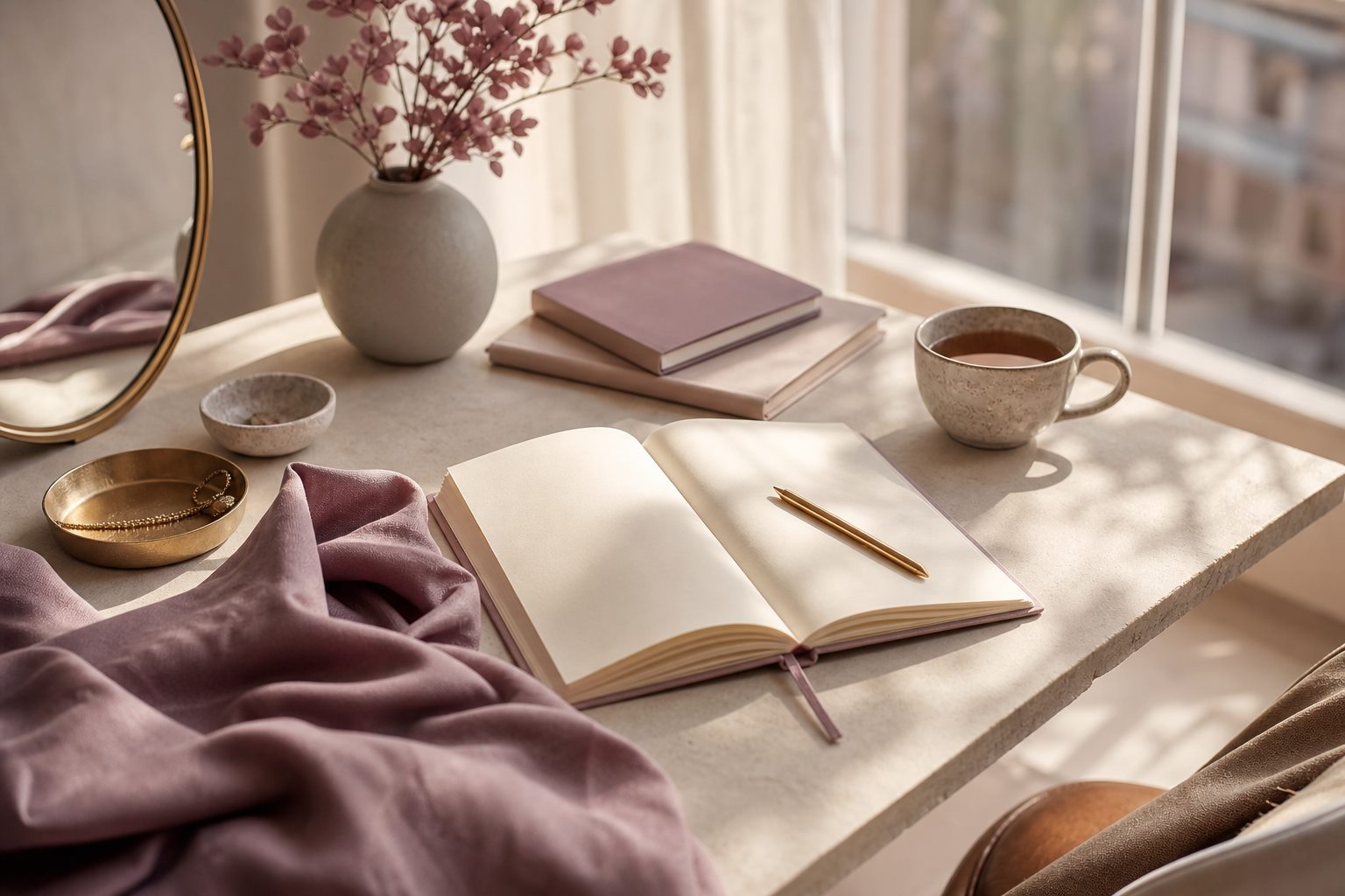 Рабочий стол с дневником и тканью как образ внутренней мастерской